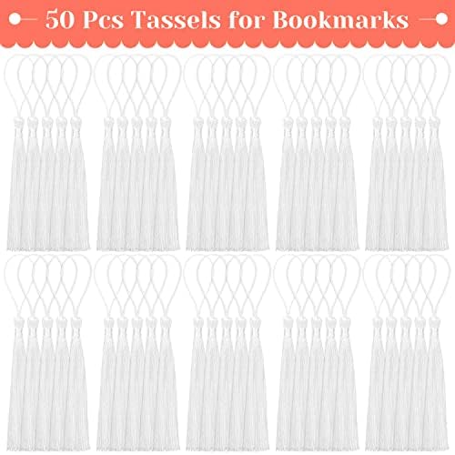 Bookmark Tassels Bulk, Cridoz 50pcs Male kasele Silky Handmade Soft Craft Mini tassel sa petljima za oznake, DIY zanate i nakit, bijeli