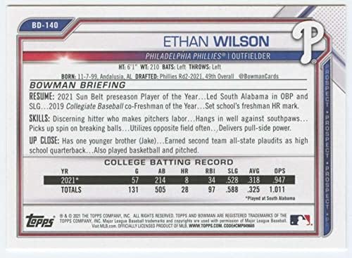 2021 Nacrt Bowman # BD-140 Ethan Wilson RC Rookie Philadelphia Phillies MLB bejzbol trgovačka kartica