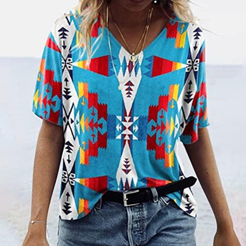 Ženski zapadni aztec etničko geometrijsko štampanje Tunic kratki rukav Tunic Ležerne prilike V izrez T Majica Grafički odmor Tee Top bluza
