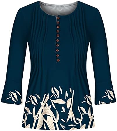 Ženski vrhovi cvjetni tiskani 3/4 rukava Henley Crewneck majica casual labavo plutajuće bluze tunike