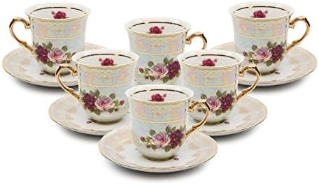 Royalty fluiture 12-kom minijaturna espresso kafa, čaše i tanjuri, vintage kobaltni ružin cvjetni uzorak, koštani team