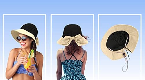 Slamna šešir za žene, široki podrum u UPF 50+ UV zaštitni kapa s lukom, sklopivom pakiranjem disketa