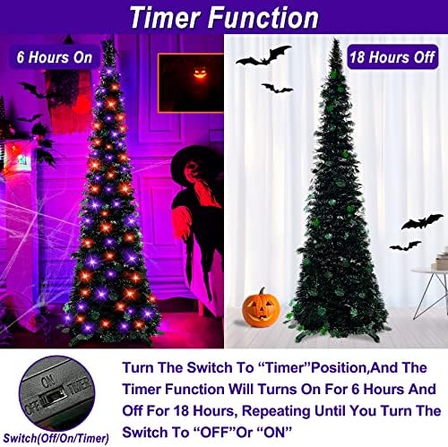 [Narančasta svjetla] 5 ft Tinsel Halloween crno drvo s tajmerom DIY 50 LED šljokicama Baterija Pop up umjetni crni Halloween Božićno ukrase na otvorenom na otvorenom