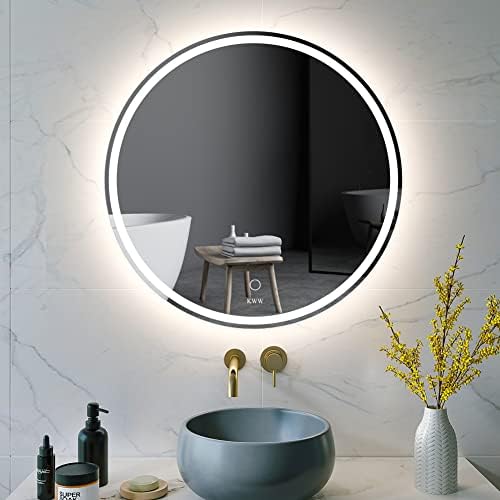 Kww 28 inčni Veliki moderni ogledalo okruglog kupaonice, temperatura boja, podesiva temperatura u boji, protiv magle zatamnjenja, jednostavna za ugradnju, zidno montirano ogledalo sa pametnim dodirom na dodir