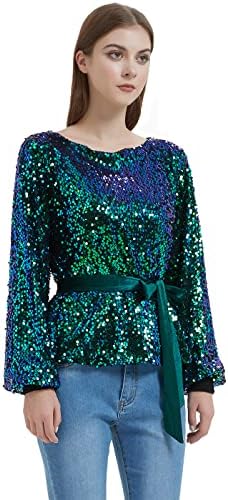 Anna-Kaci žene Sparkly Shimmer Glitter pulover Duge dugih rukava Vrhunca sa pojasom