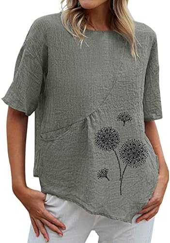 Pamučne posteljine za žene modni maslačak tiskani grafički majica Summer Nepravilni rub Tvrđene tuc Bluze