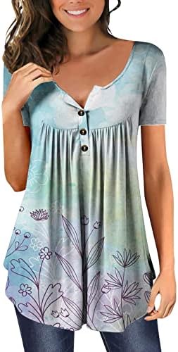 Retro uzorak tunike Top za žene stomak krije majice Plus Veličina ljeto Casual kratki rukav dugme Up V vrat bluze