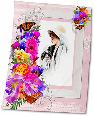 3Droza viktorijanska dama i prekrasan cvjetni šareni vrt i leptiri - ručnici