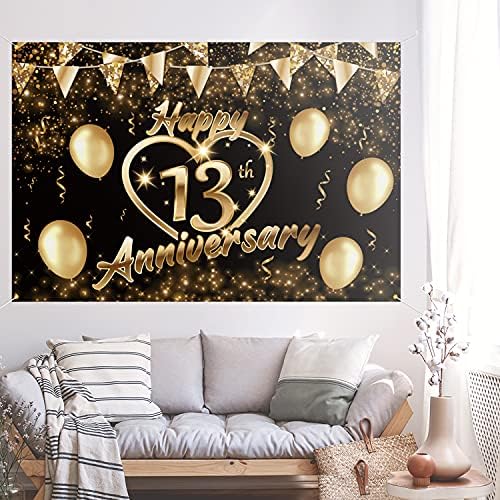 5665 Happy 13th Anniversary Backdrop Banner Decor Black Gold-Glitter Love Heart Happy 13 Years Wedding Anniversary