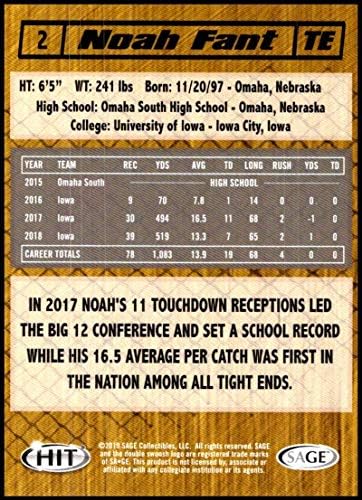 2019 Sage Hit Premier Nacrt niske serije # 2 Noah Fant RC Rookie Iowa Football Trading Card