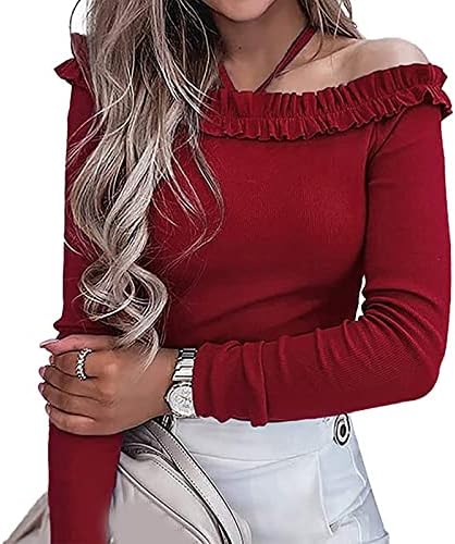 Ženska modna džemper seksi od ramena dugih rukava Klintne košulje Halter Frill Trim Slim Top Solid