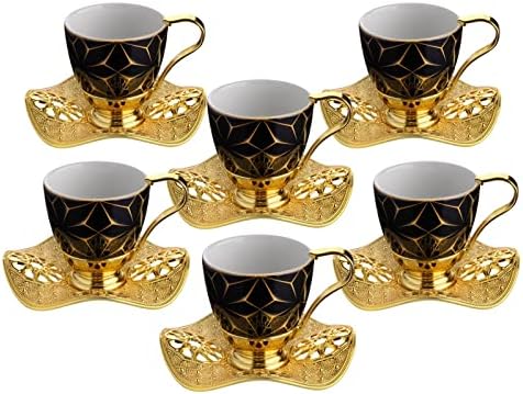 Lamodahome Espresso šolje kafe sa tanjurima 6, porculanski turski arapski grčki grčki kafu i tanjur, šalica za kavu za žene, muškarce, odrasle, gosti, novi kućni vjenčani pokloni - zlatno / crno