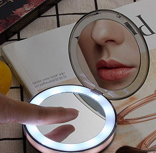 LED osvijetljeno putno ogledalo za šminkanje povećalo kompaktno ogledalo 1x / 3x uvećanje 3½ džepna veličina okruglo ručno uvećano ogledalo za šminkanje za torbice i putovanja, uključen USB kabl