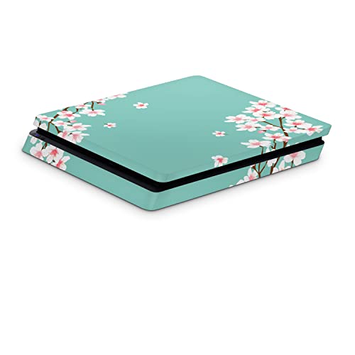 ZOOMHITSKINS PS4 Slim Skin, kompatibilan za Playstation 4 Slim, Aqua Sakura Japan Cherry Blossom Mint Green Flowers, 1 PS4 tanka konzola kože, izdržljiv & Fit, jednostavan za instaliranje, 3m vinil, napravljen u SAD-u