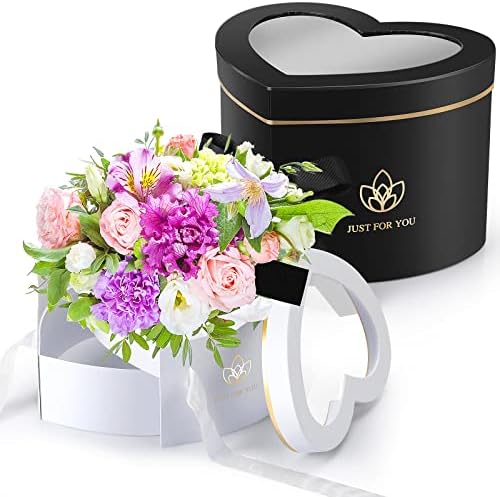 2 kom kutija u obliku srca dvoslojna kutija za cvijeće sa poklopcem prazna sadašnja kutija za poklon cvjetni aranžman pakovanje Valentinovo Majčin dan Matura rođendan, 9 x 8 x 6,5 inča, crno-bijelo