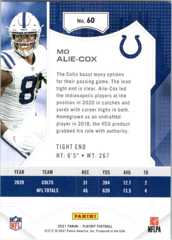 2021 Doigravanje 60 MO Alie-Cox Indianapolis Colts NFL fudbalska trgovačka kartica