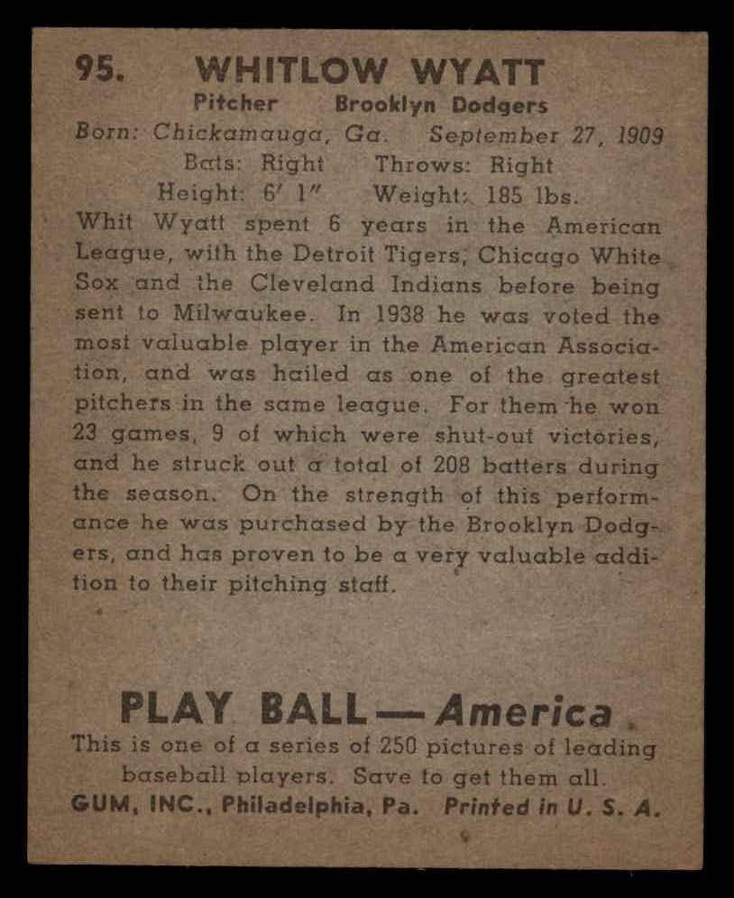 1939 Igrajte loptu # 95 Whitlow Wyatt Brooklyn Dodgers Ex + Dodgers