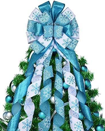 Božićno stablo, 45x13 inča Veliki topper luk sa bijelim i plavim snježnim pahuljicom za božićni ukras