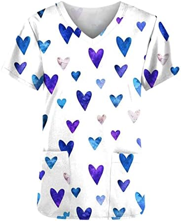 Žene Radne uniforme Majica Valentines Ispiši pulover kratkih rukava V-izrez s džepovima srca Grafički