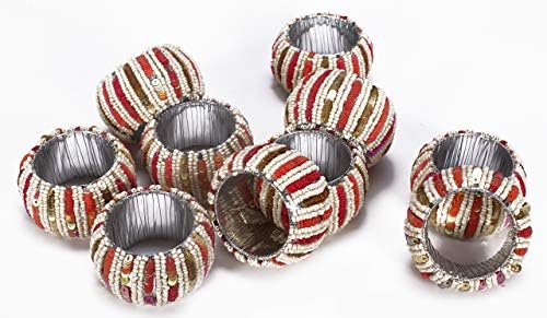 Set prstenastih prstenova iz perlice, ručno rađena, set od 6, držači salveta od perlica, ruke koju su napravili kvalificirani zanatlije - savršene za zabave, bilo kakve događaje, obiteljske večere, ljetovanje - crveni multi