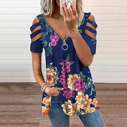 Ženski grafički print cvjetni gornji kratki rukav s ramena 2023 V vrat pamuk zatvarač up bluza