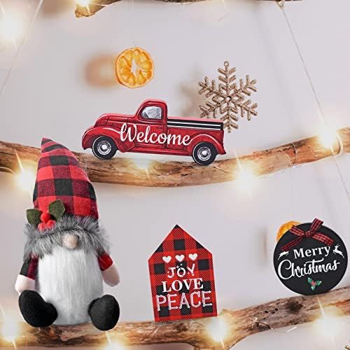 Božićni set resetiranog dekora, Božićni ukrasi Zimski praznični drveni znakovi i bivoli plairani gnomi pliša, slatka seoska kuća rustikalni dekor za ladicu za sobu kućna kuhinja