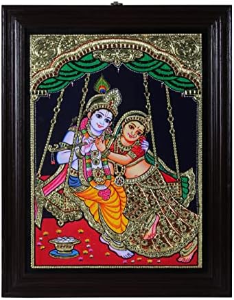 Egzotična Indija Radha Krishna na ljuljački Tanjore slika / tradicionalne boje sa 24k zlatom / okvir Teakwood / zlato &