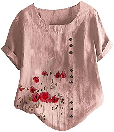 Ženske pamučne ploče od pamuka na vrhu ljetne kratkih rukava cvjetni print Tunting Majice Lose Comfy plus veličina O-izrez bluze