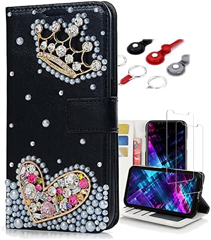 Fairy Art Crystal Wallet futrola za telefon kompatibilna sa Samsung Galaxy S21 Ultra 5G - Crown Heart-Black-3d ručno rađena svjetlucava svjetlucava kožna navlaka sa zaštitom ekrana & traka za vrat