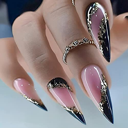Stiletto Press na noktima Crni lažni nokti francuski vrh lažni nokti sa sjajnim zlatnim Filo Swirl dizajnom