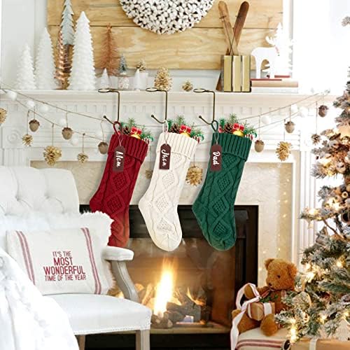 Božićne čarape, 18 Veliki pleteni Xmas čarapa za djecu, klasični odmor i porodično skladištenje za kamin ili ukras za zabavu, čarape + držač čarapa + oznake + markerpen + svjetlo